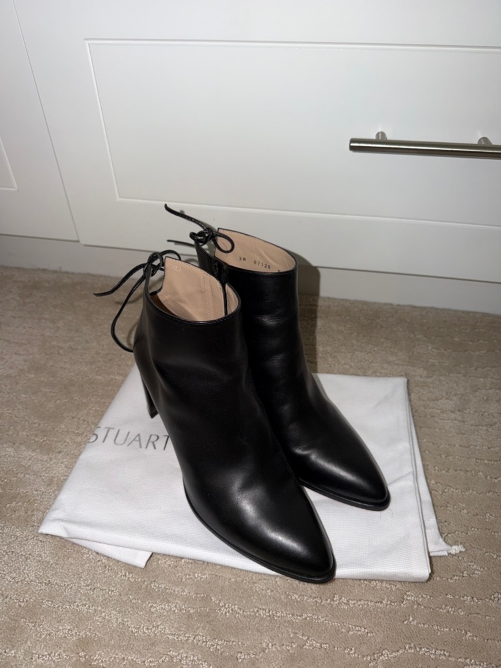 Stuart Weitzman Black Leather Pointed Ankle Booties with Back Tie